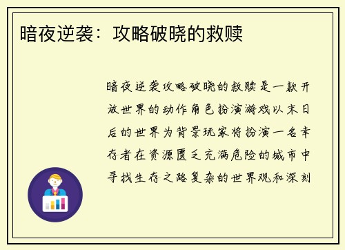 暗夜逆袭：攻略破晓的救赎